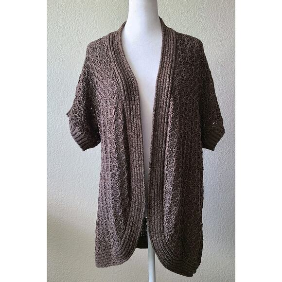 Chico's Sweaters - Chico's Long Open Front Cardigan Sweater Sz 3 / Large Taupe Short Sleeves‎